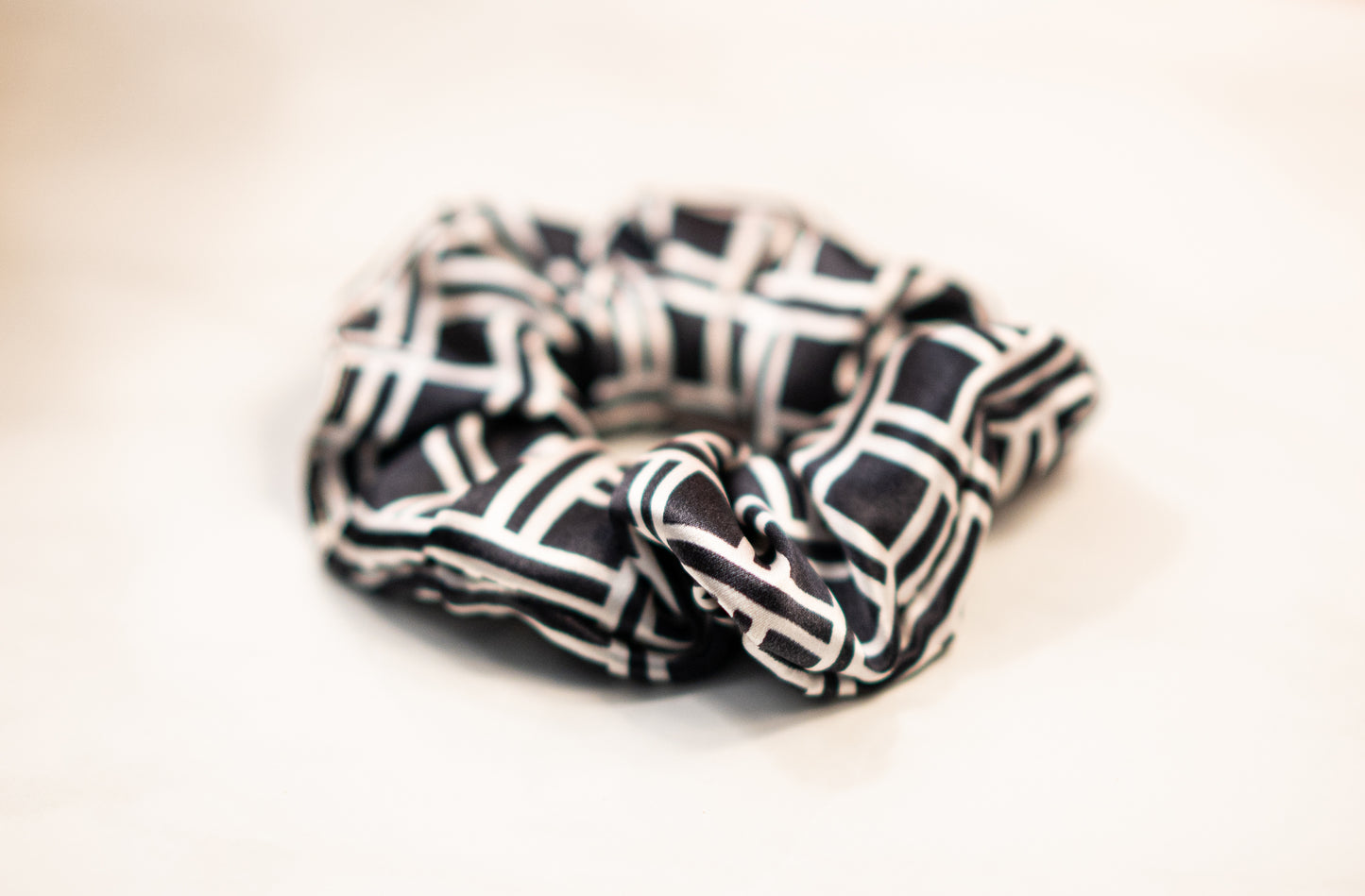 Pure Silk Charmeuse Scrunchie, Black and White Geo Print, Standard Size