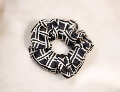 Pure Silk Charmeuse Scrunchie, Black and White Geo Print, Standard Size