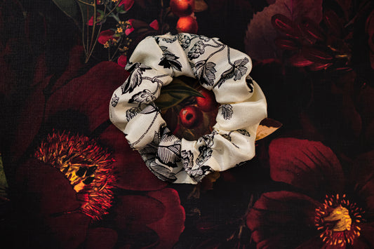 Pure Silk Scrunchie, Standard Size, Black and Ivory Floral